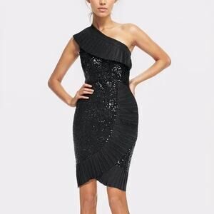 ONE33 Social Black Sequin One Shoulder Dress Pleated Ruffle | Size 4 prom formal